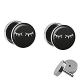 Treuheld® | Set - geschlossene Comic Augen - 2 Ohrstecker zum Schrauben - SCHWARZ-WEIßE Fake Plugs - Ø 10mm - Ohrringe Fakeplug - Silber Ohrring in Schwarz-Weiß - Chirurgenstahl Fak