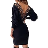 Masrin Etuikleid für Damen Sexy rückenfreies figurbetontes Spitzen-Patchwork-Kleid Elegantes einfarbiges enges Kleid Minikleid mit V-Ausschnitt und Langen Ärmeln Party Kleid Abendk