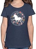 Tiermotiv Animal Print - Pferd mit Blumen - 152 (12/13 Jahre) - Dunkelblau Meliert - 8 Jahre Tshirt mädchen - F131K - Mädchen Kinder T-S