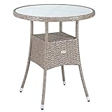 Casaria Poly Rattan Balkontisch Ø 60 x 74 cm Milchglas Rund Gartentisch Beistelltisch Tisch Gartenmöbel Grau Beig