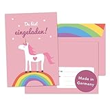 Decento® Einladung Geburtstag Einhorn - 8 Karten mit Umschlag für Mädchen - Kindergeburtstag niedlich mit Regenbogen - Einladungskarten für Kinder zum Ausfüllen und B