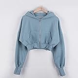 AMZOLNE Damen Herbst und Winter Freizeit sexy Taille Hoodie Reißverschluss kurz Langarm Pullover-himmelblau (ohne Samt)_M
