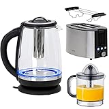 TronicXL Toaster + Brötchen-Aufsatz + Wasserkocher mit einstellbarer Temperatur + Tee-Sieb Tee-Kocher + elektrische Saftpresse Citruspresse + LED Beleuchtung Frühstück Set Edelstahl Desig