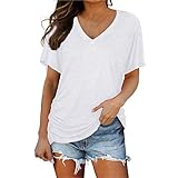 Damen Oberteile V-Ausschnitt Reißverschluss Tshirt Einfarbig Kurzarm Tunika Shirt Große Größen Kurzarmshirts Casual Lose Lässige Blusen Oversize Oberteile Mit Knöpfen X1 - White S