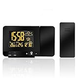 FORNORM Projektionswecker Funk mit Netzteil Außensensor, Projektionswecker mit Temperatur & Zeit Farbdisplay, Monat, Datum, Woche, Dual Alarm Snooze Funktion, 120°Drehbare Projek