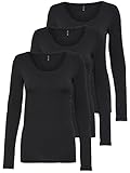 ONLY 3er Pack Damen Langarmshirt schwarz und weiß Langarm Basic Longsleeve Sommer aus 95% Baumwolle XS S M L XL (3er Pack schwarz, L)