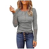 Basic Langarmshirt Damen V Ausschnitt T-Shirt Elegant Herren Mit Knopfleiste Schwarz Spitze Einfarbig Sexy Tunika Langarm Herbst Winter Große Größen Bluse Oberteile Slim Fit Hemdb