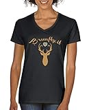 Comedy Shirts - Brunftzeit - Oktoberfest - Damen V-Neck T-Shirt - Schwarz/Hellbraun-Beige Gr. L
