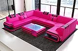 Sofa Wohnlandschaft Ragusa Ledersofa U Form - mit LED Beleuchtung, verstellbare Kopfstützen/Lederfarben wählbar/Ausrichtung wählbar (Lange Seite Links, Pink-Schwarz)