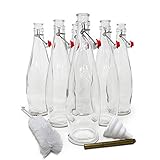 Mockins 6er Set | Glasflaschenset mit Bügelverschluss und Flaschenbürste, Trichter und goldfarbenem Glasmarker | Wasserflasche aus Klarg