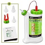 Pinava® Leimflasche - Original GluBot (für 473ml) - Kein Drehen, kein Schütteln & kein Warten - Leimspender für Holzleim Inkl. 4 Spitzen - Sauberes Auftragen & Dosieren - 8-teilig, FastCap