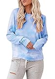 EFOFEI Frauen Langarm Tie Dye Tops Lässig Lose Farbe Block Bluse T-Shirt Blau L