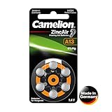 Camelion 15056013 - Zink Luft Knopfzellen-Batterie ohne Quecksilber A13/ZL 13 mit 1,4 Volt, 6er Set, Kapazität 280 mAh, für analoge oder digitale Hörg