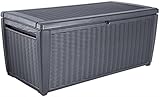 Keter Sumatra Auflagenbox, Kissenbox für draußen, 511 L, wetterfest, grau, Deckel mit Gasdruckfeder, Außenmaße:145x73x64 cm, Sitzgelegenheit für 2