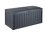 Keter Glenwood Kissenbox, Auflagenbox, 390 Liter Volumen, Wasserdicht, Grau Anthrazit, Holzoptik, Sitzbank für 2 Erwachsene,128x65x61