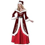Lazzboy Weihnachten Kostüm Damen Ball Party Kleid Langarm Weihnachtskostüme Weihnachtsmann Cosplay Frauen V-Ausschnitt Dress Mit Gürtel Rollenspiel Fräulein Claus Santa Outfit (L,Rot)