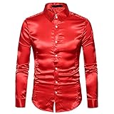 KBUY Herren Longsleeve Langarmshirt Hemd mit Kentkragen Pailletten Hemd 70er 80er Shirt Glänzend Bluse Party Hippy Kostüm Outfit Clubwear Hemd langärmelig Knopfleiste Disko-Seidenähnliches S