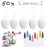 XDDIAS 50 x Ostereier Deko Eier, Kunstoffeier Plastikeier aus Plastik/Kunststoff, Aufhängen Eier mit Seil, Ostern Basteln Bemalen für Dekoration und Geschenk, mit 8 Farbpinsel (50 PCS)