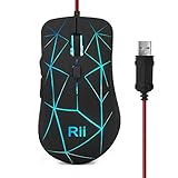 Rii RM106 Ergonomische optische Maus mit USB-Kabel, 5 Tasten und 3 einstellbare dpi-Stufen. 7 Farben RGB LED und blinkende Hintergrundbeleuchtung. Farbe: Schw