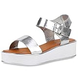 SCARPE VITA Damen Plateau Sandaletten Metallic Keilabsatz Schuhe Wedges Sommerschuhe Sandalen Plateauschuhe 192538 Silber 38