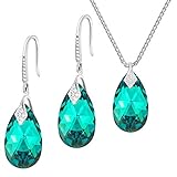 Crystals&Stones - 44 FARBEN VARIANTEN - Haken Hochzeits Schmuckset Echt Silber 925 - Ohrringe mit Swarovski® - Ohrringe und Halskette - Schmuck mit Gratis Schmuckbox (Blue Zircon AB)