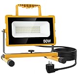 Olafus LED Baustrahler, 50W Arbeitsleuchte 5000LM 6000K IP65 Wasserdicht Bauscheinwerfer, Arbeitsscheinwerfer 230V mit 2-stufig 25W 50W einstellbar, Baulampe Kaltweiß für Baustelle, Werkstatt, Garag