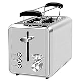 Toaster Edelstahl 2 Scheiben Toaster mit Brötchenaufsatz Testsieger 6 Einstellbare Bräunungsstufen Abbrechen/Aufwärmen/Auftauen Funktion High-Lift Krümelschublade, Silber 900W