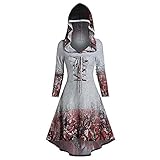 Halloween Kostüm Damen Umhang im gotischen Vintage Stil Kapuzen Cape im Retro Baumdruck Bandage Draw Back Ballkleid Cocktailkleid in Übergröße Party Kleid Abendkleid Cosplay lang