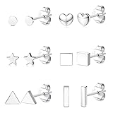 Chyang 6 Paare Silberne Ohrstecker for Frauen klein Herz Stern bar geometrische Ohrstecker Mini knorpelhelix Tragus Ohrringe for Frauen mädchen (Color : 6Pairs)