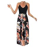QBQZXAOSOWH Hübsche Kleider Dress Damen Frauen Kleid Plus Size Beach Print V-Ausschnitt Ärmelloses Trägerkleid Backless Sexy Langes Halterkleid Elegant 5XL E