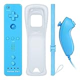 Powerextra Ersatz-Controller mit Silikongehäuse und Armband (Blau) kompatibel mit Wii Remote Controller und Nun-chuck, Wireless Controller Eingebauter Bewegungssensor Kompatibel mit Wii/Wii U/W