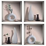 ANHUIB 4 Stück 3D Vase Wandaufkleber,Vasen Wandaufkleber für Wohnzimmer Wanddeko,DIY Vinyl Abnehmbare Blätter und Weiße Flasche Wandbilder für Küche Schlafzimmer Büro Tür Wandkunst Bild Dekor,30×30CM