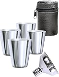 Outdoor Saxx® - 6-Teiliges Edelstahl-Becher, Trink-Becher Set, 4 Schnaps-Becher 30ml und Einfüll-Trichter in Leder-Tasche, ideales Flachmann-Zubehör, unzerbrechlich,