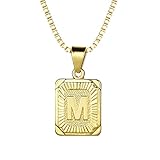 Dried Flower Personalisierte Halskette- 26 Buchstaben Quadratischer 24K Vergoldet Anhänger Initiale Kette Golden Namenkette Geburtstags Geschenk für Eltern Freund M