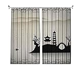 Plissee Wärmedämmung Antike China Plissee Vorhänge Dreary Sketch House on Hill Pagode Pavillon Brücke Getrocknete Bäume Fisherman Für Querstangen und Schienen, B32 x L72 Zoll Schwarz Beig