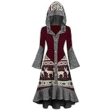 LOPILY Weihnachtskleid Trompetenärmel mit Volant Saum Kapuze Winterkleid mit Norwegermuster Umhangkleid Hirschmuster Weihnachten Strickkleider Damen mit Knopfleiste Reindeer Shirtk