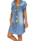 Onsoyours Jeanskleider Damen Sommerkleid Jeans Kleider V-Ausschnitt Strandkleider Einfarbig A-Linie Kleid Blusenkleid Hemdkleid Knielang Kleid Denimkleid A Hellblau M