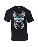 Neon Cat in Glasses with Headphones Funny Adult Tee Shirt Black, schwarz, 4X-Groß