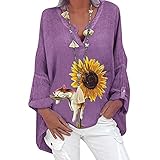 Dasongff Damen Bluse Tops Sonnenblume Drucken V-Ausschnitt Casual Lose Blusentop Sommer Tops Oversized Lässig Tunika Tunikabluse Casual Basic T-Shirt Hemden Tee Loose Locker Lang