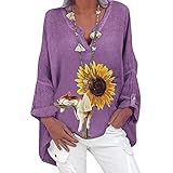 Dasongff Damen Bluse Tops Sonnenblume Drucken V-Ausschnitt Casual Lose Blusentop Sommer Tops Oversized Lässig Tunika Tunikabluse Casual Basic T-Shirt Hemden Tee Loose Locker Lang