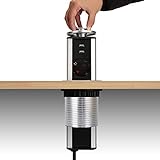 Dazone versenkbar Tischsteckdose 3-fach (Steckdosen-Turm, 2-fach USB, 2m Kabel, komplett in Tischplatte), USB Tischsteckdosenleiste Mehrfachsteckdose Einbausteckdose für Arbeitsplatte küche Chromfarb