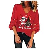 Mingyun Damen T-Shirt Casual V-Ausschnitt Kurzarm im Fledermaus Bluse Weihnachtsmotiv Bedruckt Pullover Christmas Outwear Kasack B