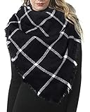 Damen Schal Winter XXL - Schal Kariert übergroßer Quadratisch Deckenschal für Damen Karo Tartan Streifen Plaid Muster Oversized Fransen Poncho (Schwarz)