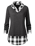 DJT Damen 2-in-1 Kariert Casual Bluse Langarmshirt, 2#grau, L