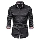 Hemd Herren Drucken Spleißen Satin/Einfarbig Glänzend Hemd Herren Slim Fit Klassisch Revers Langarm Shirt Herren Business Work Bankett Leistung All-Match Hemd H