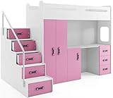 Hochbett MAX 4 Größe 200x80cm mit Schrank und Schreibtisch, Farbe zur Wahl inkl. Matratze (rosa)