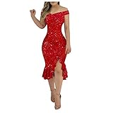 IFOUNDYOU Kleid Damen Sexy Schulterfreies Rüschensaum Spitzenkleid Glitze Slit Elegant Plissee Retro Midikleid Stretch Ärmellos Bodycon Bleistiftkleid Winterkleid Winter Herbst Abendkleid Partyk