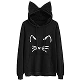 YEBIRAL Damen Hoodie Pullover mit Katzenohren, Mode Mädchen Lässig Outwear Bedruckt Langarm Pulli Oberteile Streetwear Sweatshirt Kapuzenpullover(L,Schwarz)