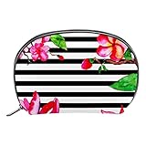 Tropische gestreifte Blumenblume Make-up-Tasche Tragbare Reise-Kosmetiktasche für Frauen DIY-Reißverschlusstasche Make-up-Tasche mit Schwarzem Reiß