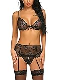 ADOME Dessous Strapse Set Sexy Unterwäsche 3-TLG Erotik Reizwäsche Lingerie Spitze BH Offener Schritt String mit Strapsgü